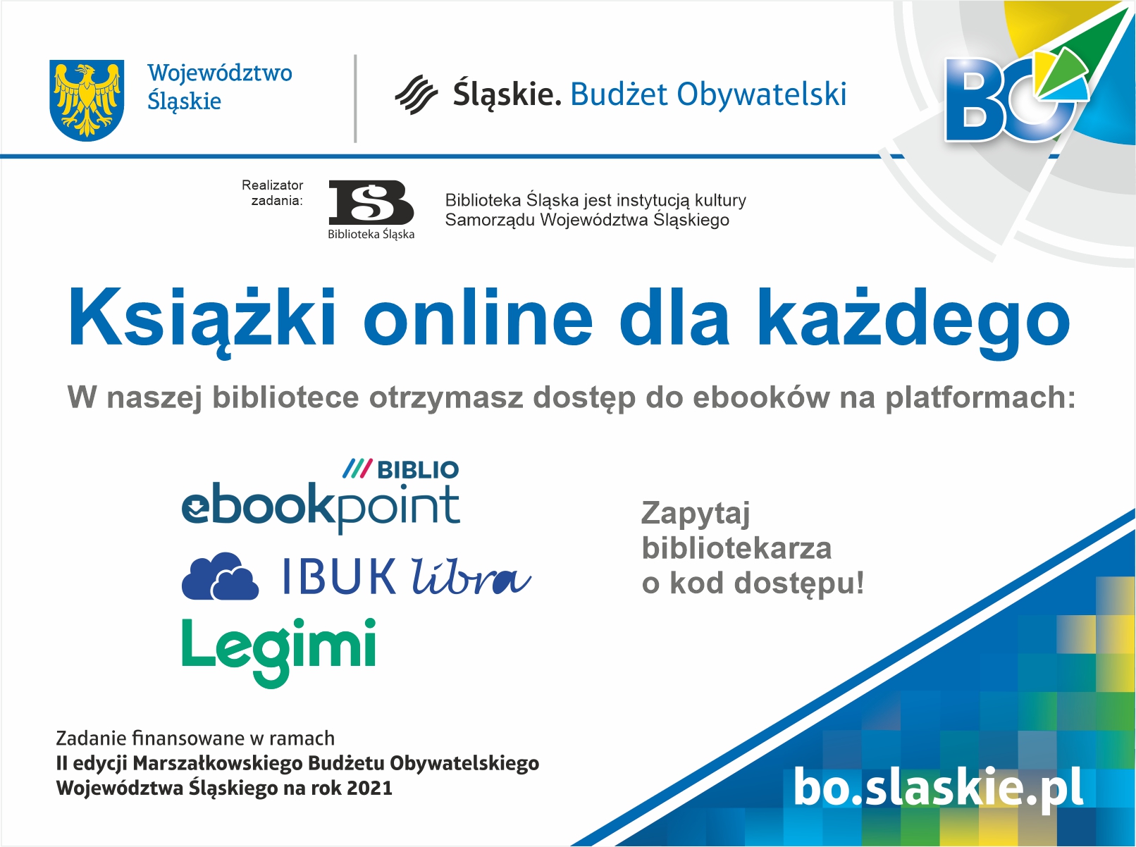 Plakat informujący o dostępie do darmowych platform ebooków.