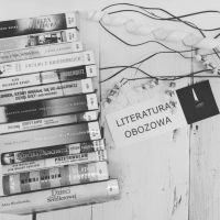 Ilustracja czarno biała przedstawiająca stos trzynastu książek o tematyce obozowej.  Z prawej strony płonący znicz z treścią: Literatura obozowa.