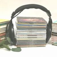 Na zdjęciu widoczne trzy stosy audiobooków. Na środkowym stosie założone są słuchawki. Z lewej strony widoczna zielona gałązka.